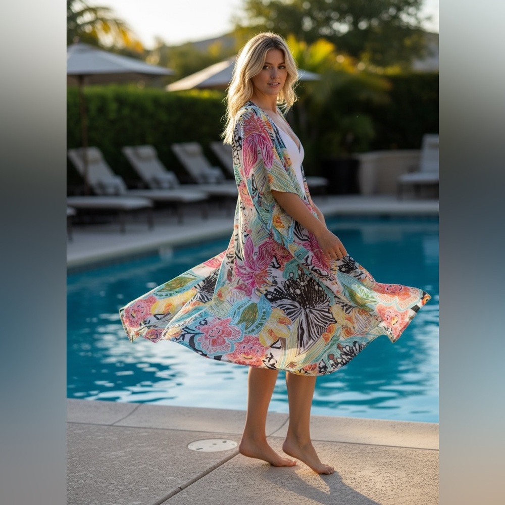 Summer Bundle! 
Chico’s Satin Floral Kimono L/ XL + $$$ NWT Swimsuit Cover Up!